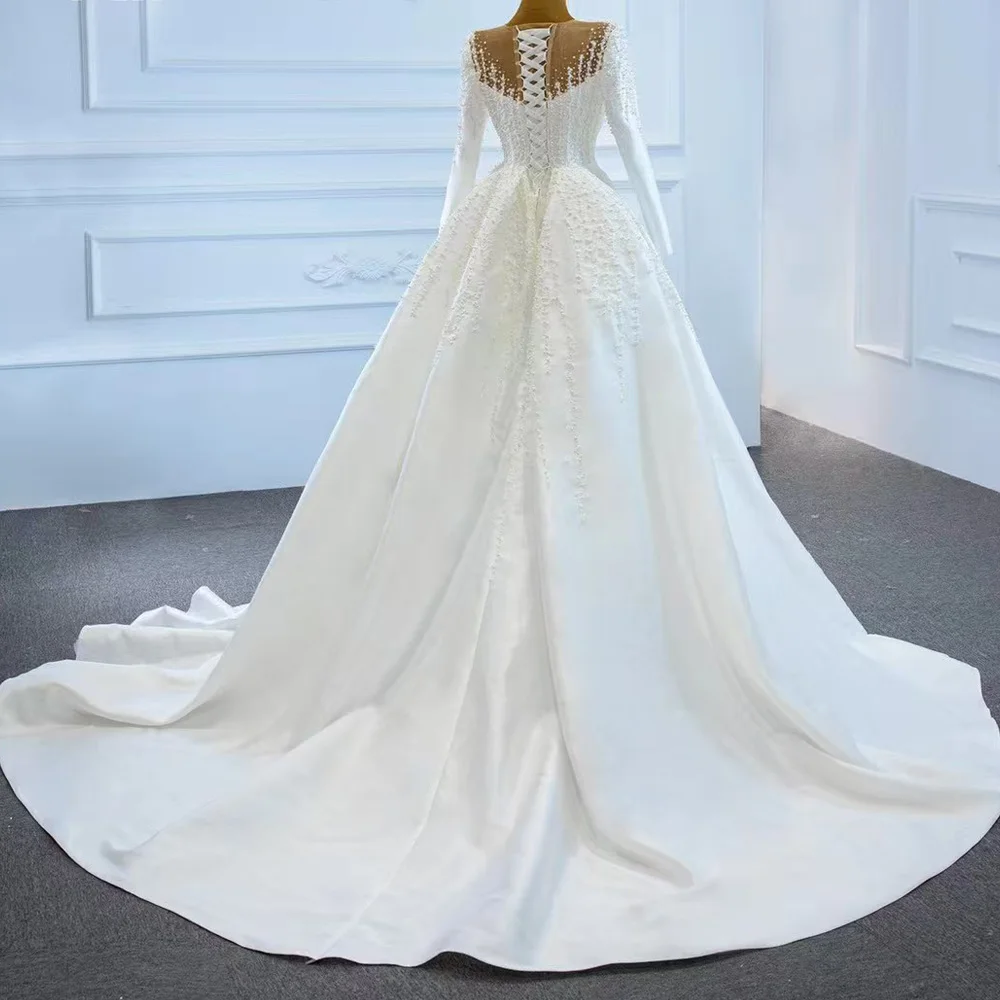 Luxury O-Neck Bridal Dress With Long Sleeves Pearls Detail Lace-Up Back Sheath Wedding Gown