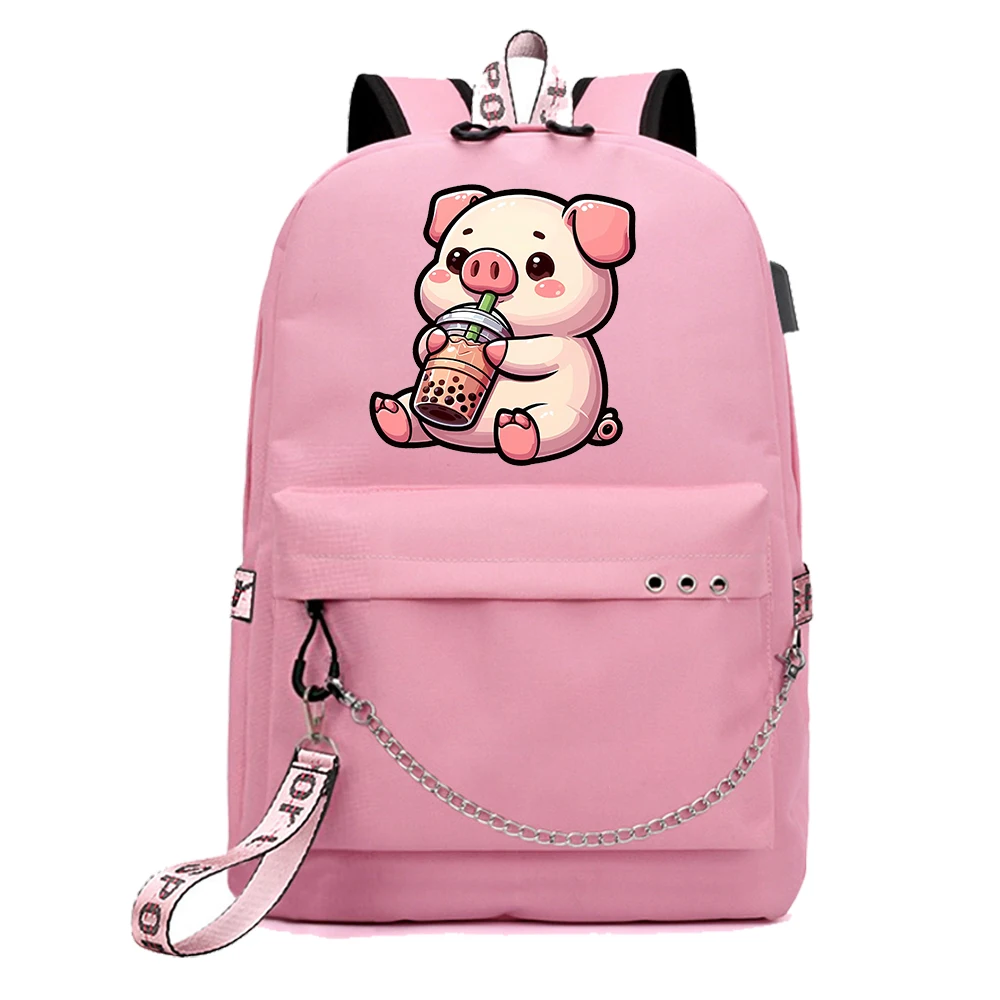 Pig Drinking Boba Tea Backpack Popular Fashion Travel Cute Backpacks Outdoor Sport School Bag for Fans Gift image 3