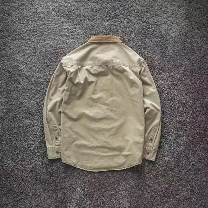 American Retro Workwear Style Shirt For Men Autumn Casual Fashion Loose Corduroy Lapel Patchwork Pocket Design Male Shirts