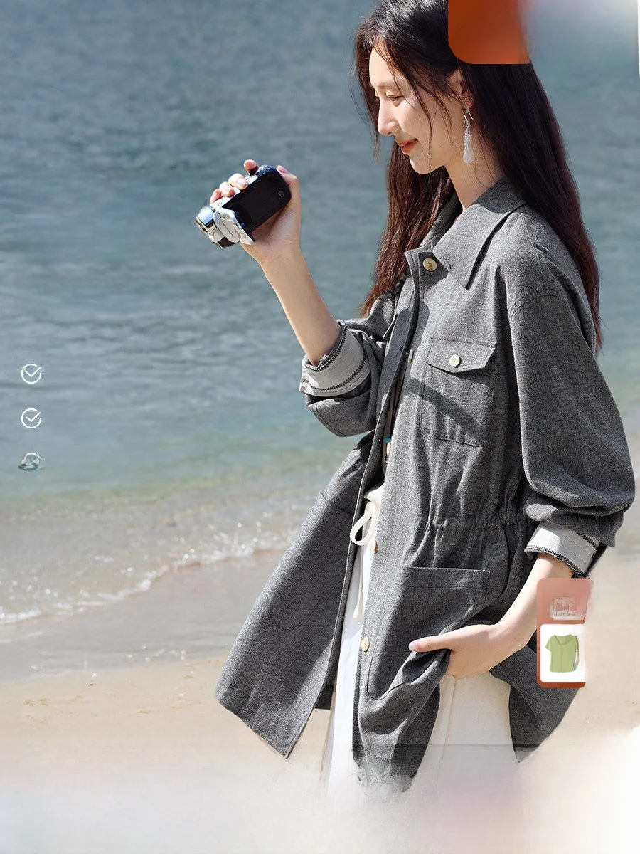 

XWI Linen Texture Shirt Jacket Women's Spring 2026 Slimming Top Travel Style Short Coat Straight Cut Cotton Polyester Blend