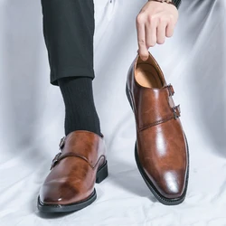 Classic Retro Dress Men's Monk Leather Shoes With Pointed Toe Buckle Business Office Wedding Soft Comfortable Men's Shoes