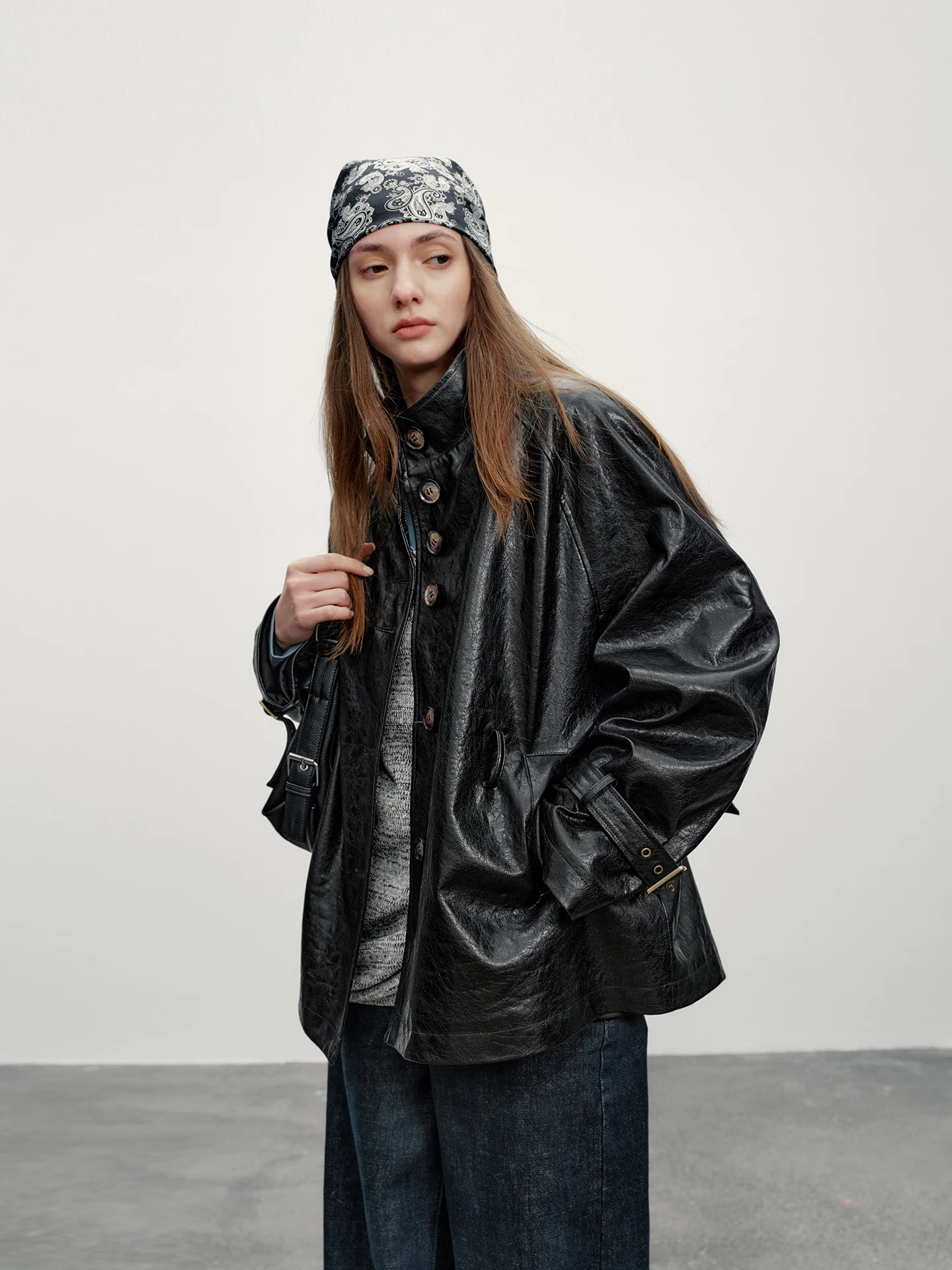 Women's Stand Collar PU Leather Jaet Heavy Work Suede Tannery Vintage Sle Long Sve mid Length Coat Caramel Rum