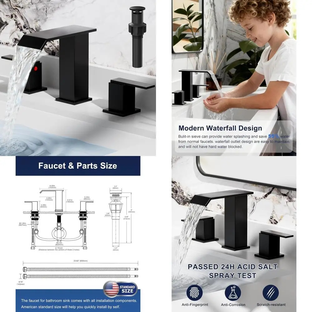 

8 Matte Black 3-Hole Widespread Bathroom Sink Faucet with Waterfall Spout for Vanity