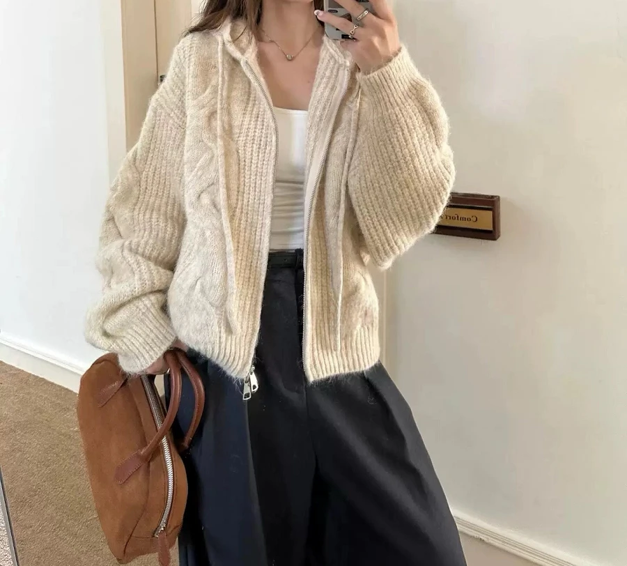 

2025 Autumn and Winter Retro Hooded Knitted Cardigan Lazy Wind Sweater Long Sleeve Double Zipper Jacket Loose