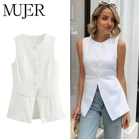 MUJER 2025 White Sleeveless Vest Women Button Summer Vests for Women Jacket Pink Vest Top Women Streetwear Women's Tailored Vest