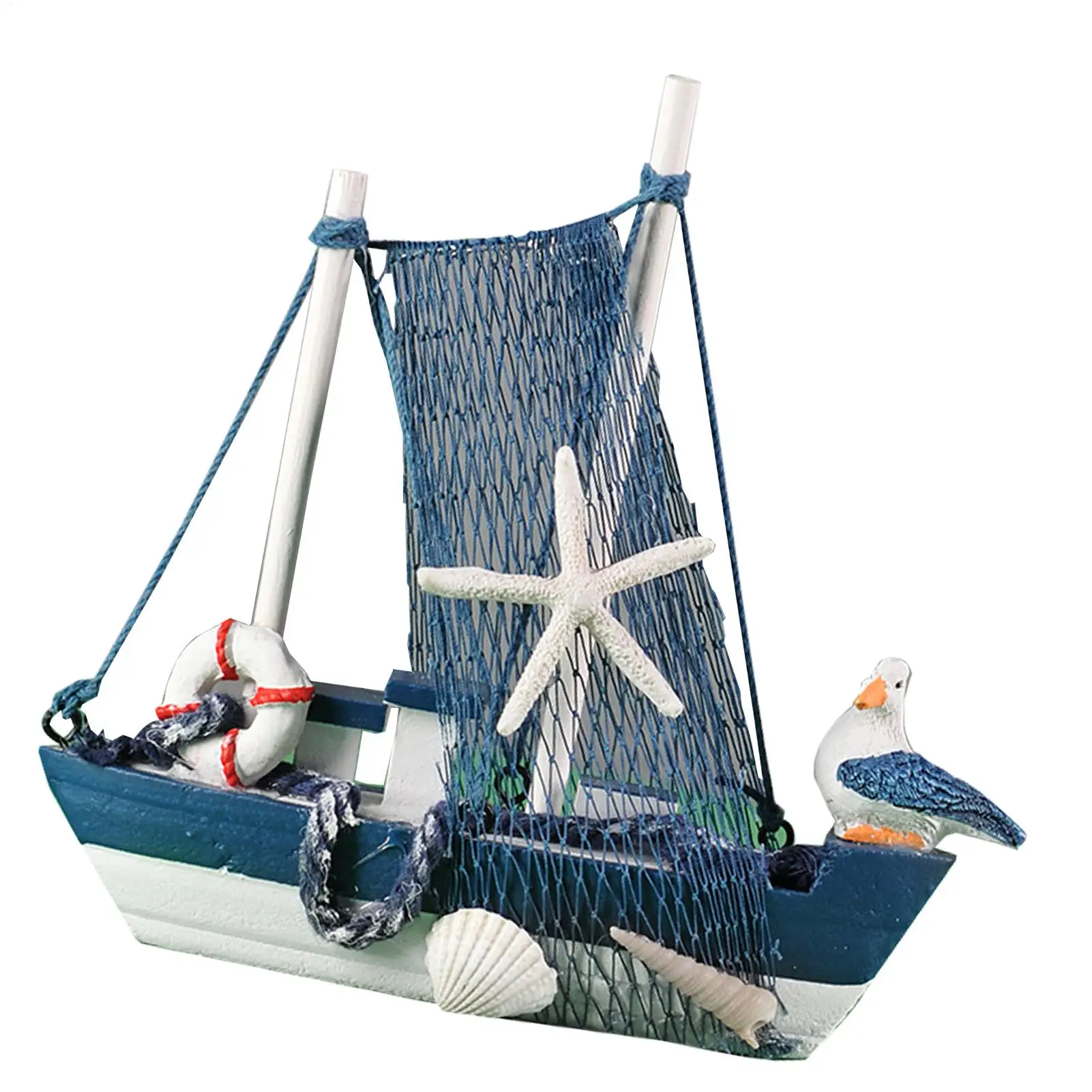 Wooden Sailing Boat Model Vintage Wooden Navy Blue White Cotton Cloth Sail Boat Decorations for Home Living Room Bedroom Office