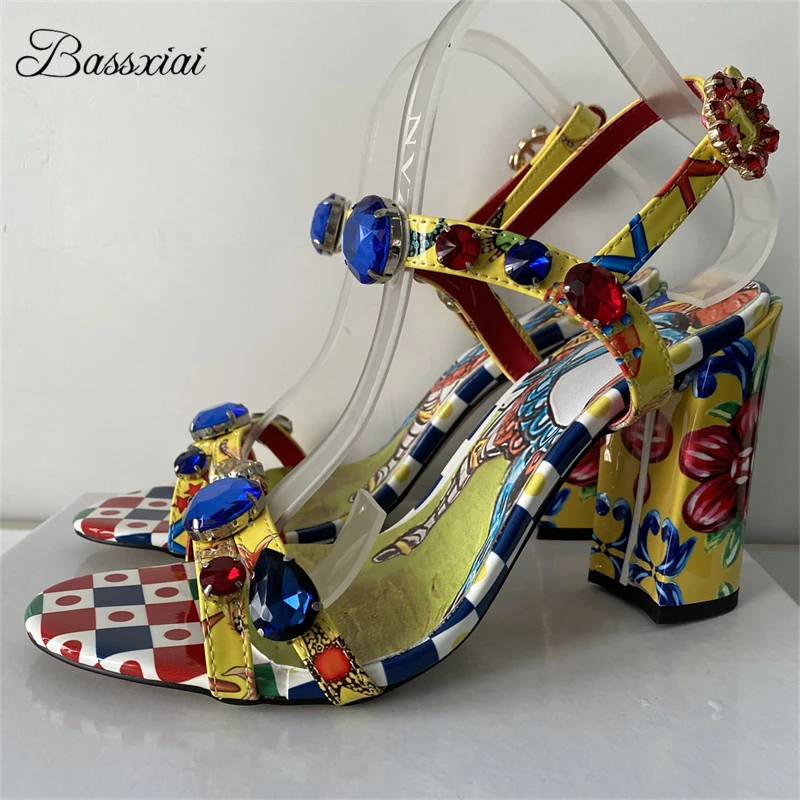 Exotic Style Colorful Print Sandals Women Luxury Diamond Rhinestone Embellishment Ankle Strap Real Leather Summer Shoes