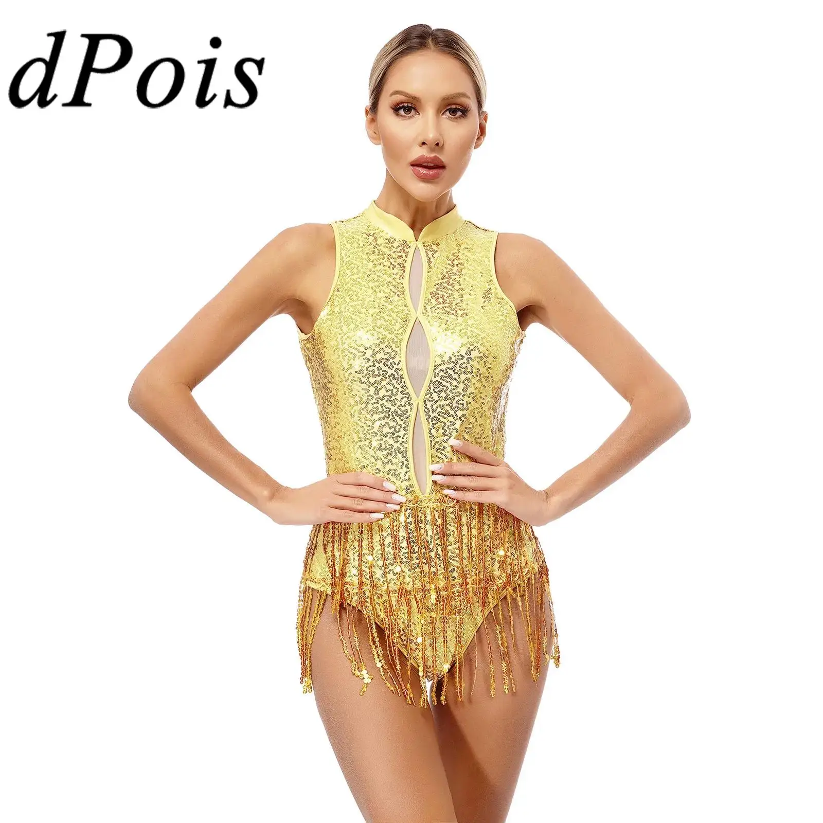 Women Sleeveless Fringed Latin Dance Bodysuit Glitter Sequins Tassel Gymnastics Leotard Performance Costume Tango Dancewear