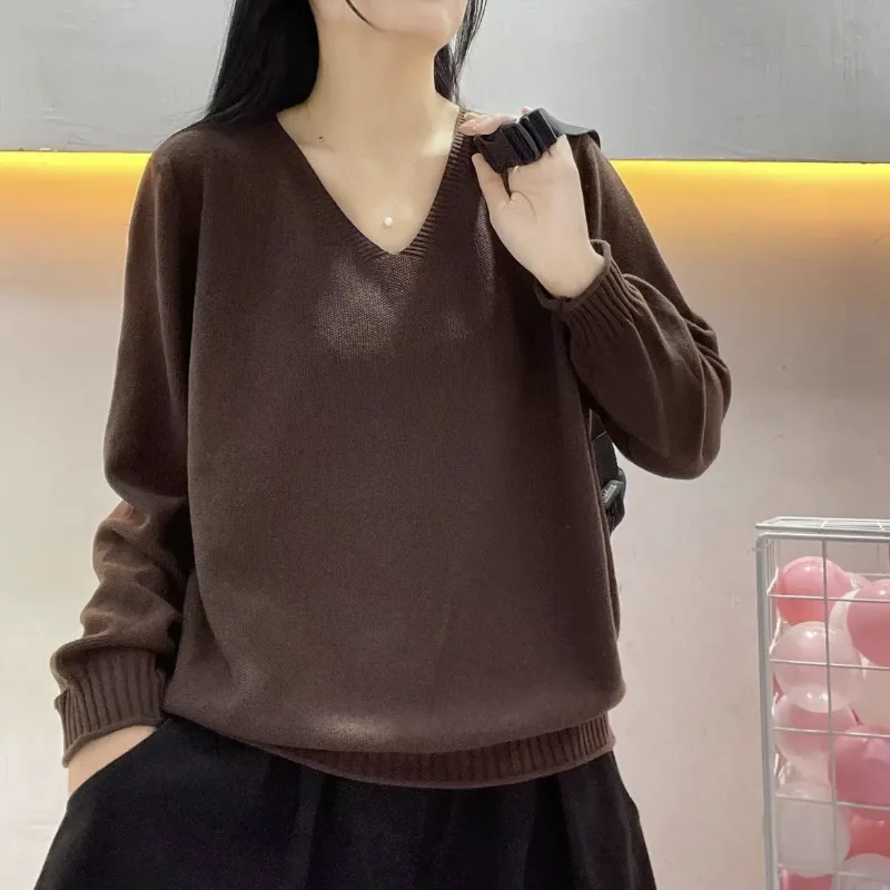 

V-neck Sweater Stylish Bottoming New Long-sleeved Loose Pullover Versatile Solid Top for Women