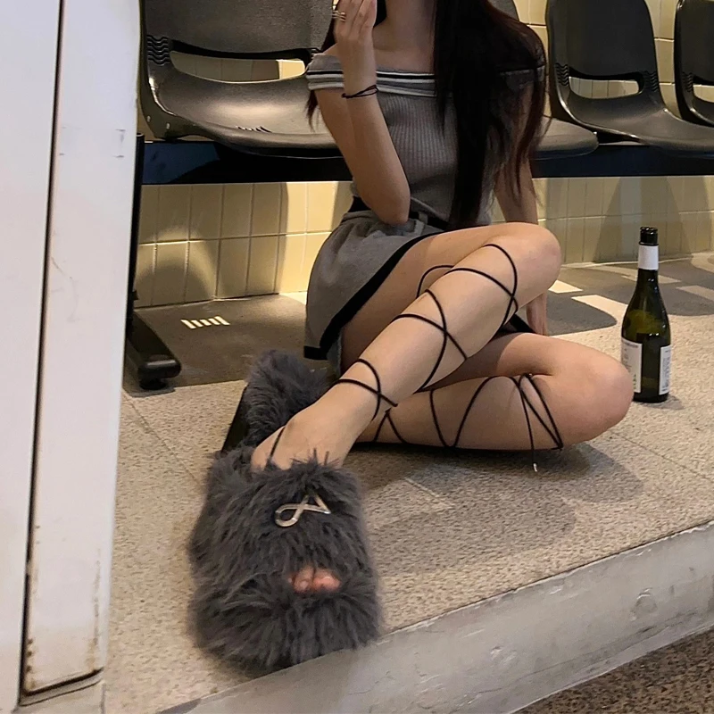 

Grey Fur Flip Flop Thick Bottom Slippers Summer for Woman 2025 Open Toe Platform Sandals Fashion Shoes for Women Outwear