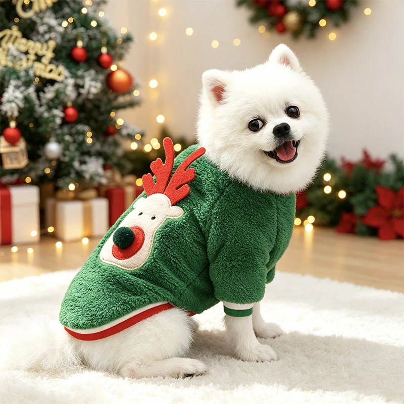 Weihnachts-Hundepullover aus Korallenfleece mit Weihnachtsbaum- und Rentiermuster, warme zweibeinige Kleidung für kleine und mittelgroße Hunde und Katzen