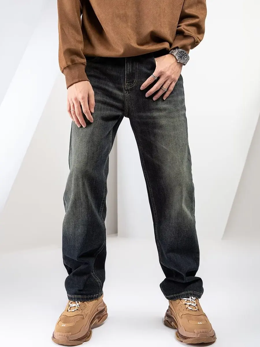بنطلون جينز رجالي فضفاض مبطن بالساق المستقيمة كاجوال عالي الخصر من قماش الدنيم للشباب بنطال شتوي طويل مرن #2