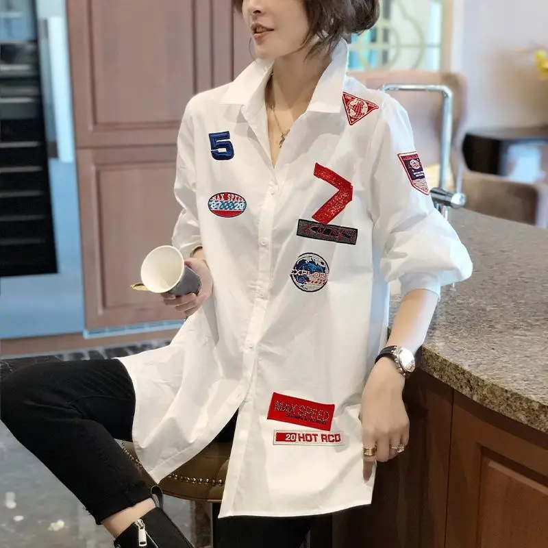 

Korean Fashion Women White Cotton Embroidery Long Sleeve Button Up Blouse 2022 Loose Oversized Long Top Office Lady Casual Wear