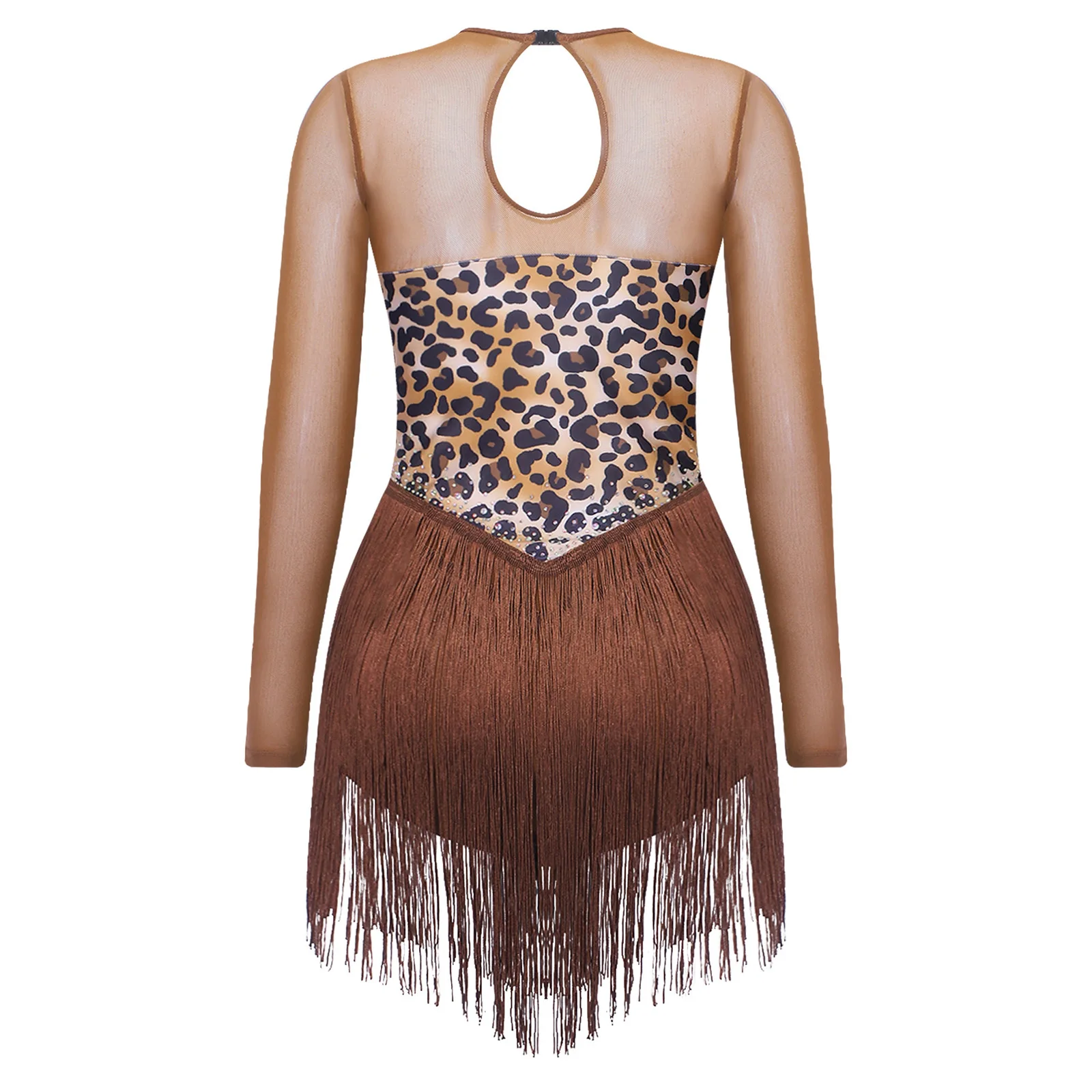 Womens Halloween Latin Ballet Dance Leotard Costume Leopard Print Mesh Long Sleeve Keyhole Back Bodysuit for Cavewoman Dress Up