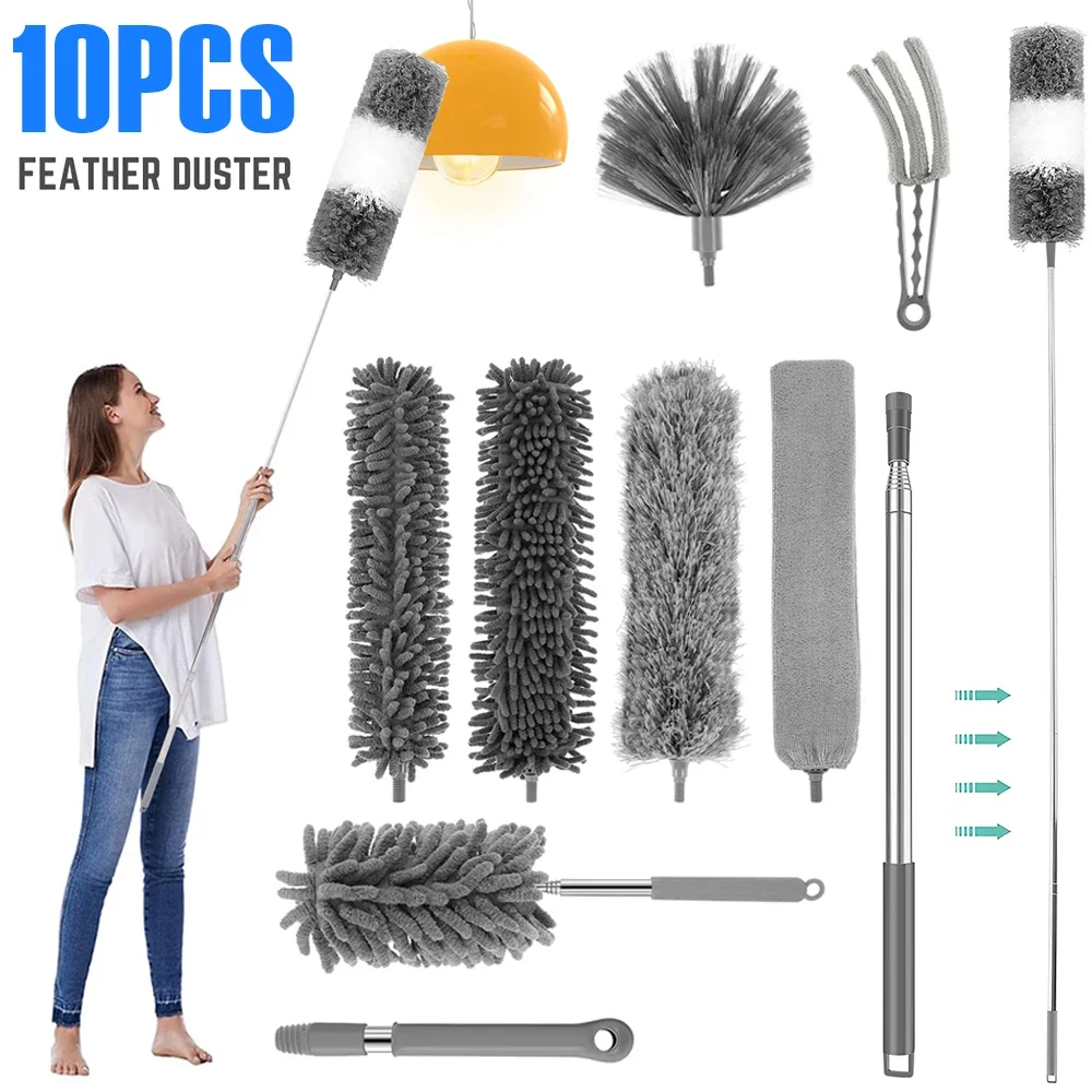 

10Pcs Feather Duster Set Ceilings Clean Tool With Extendable Rod Bendable Chandeliers Cleaning Duster for Furniture Window Blind