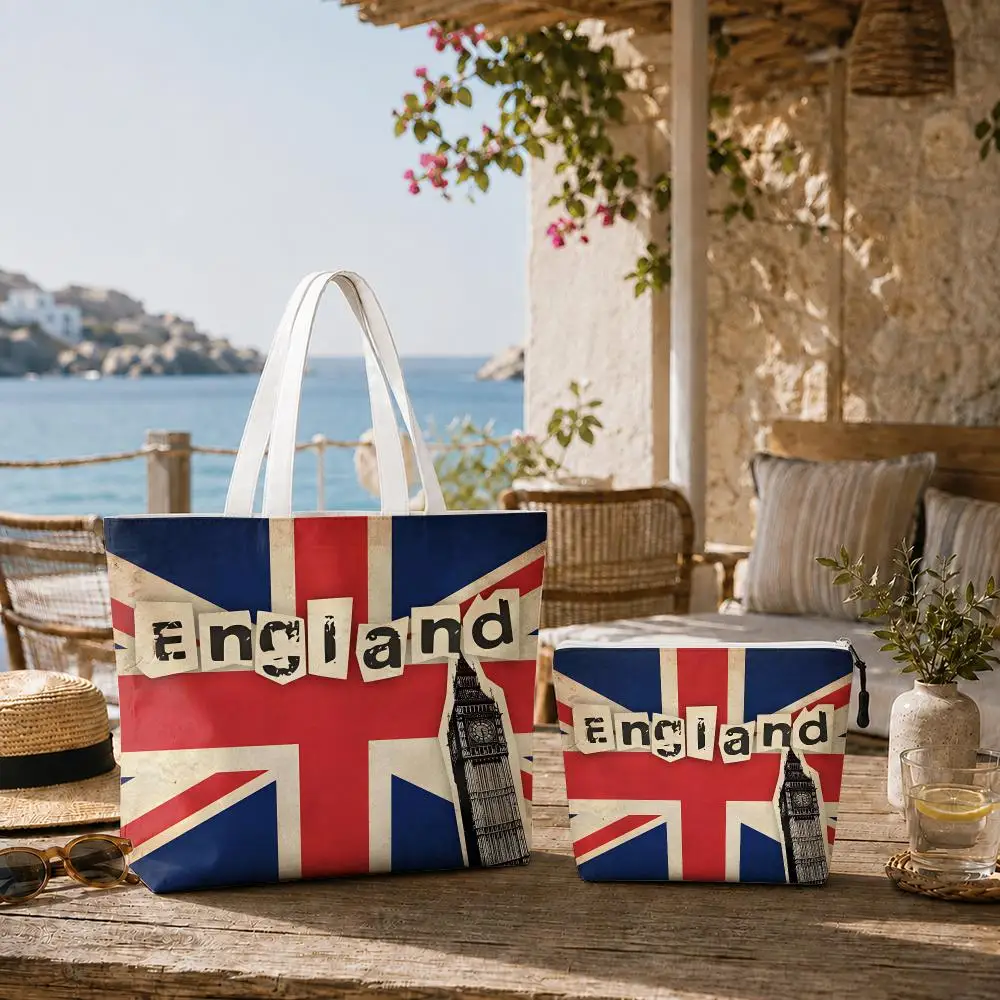Flag of United Kingdom Storage Bags 2-Piece Double-Sided Printed Canvas Tote Bag Set with Zipper Shoulder Bags Handbags