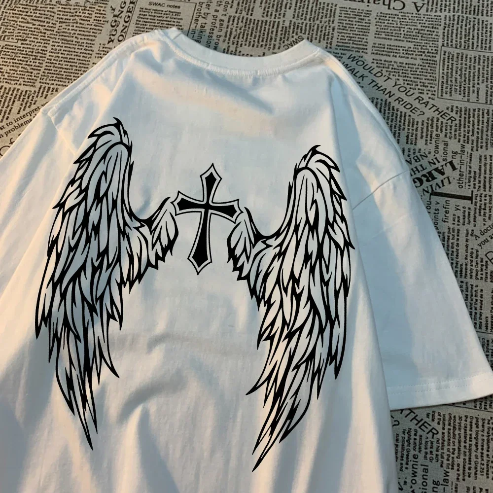 Casual Womens T-Shirts Cross Body and Flying Wings Funny Prints Short Sleeve O-Neck Soft Fashion Female Clothes streetwear