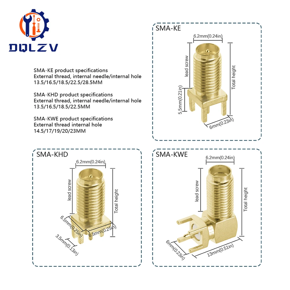 SMA Male Female Straight Connector 90 Degree Solder Edge PCB Straight Right angle Mount RF Copper Plug Socket