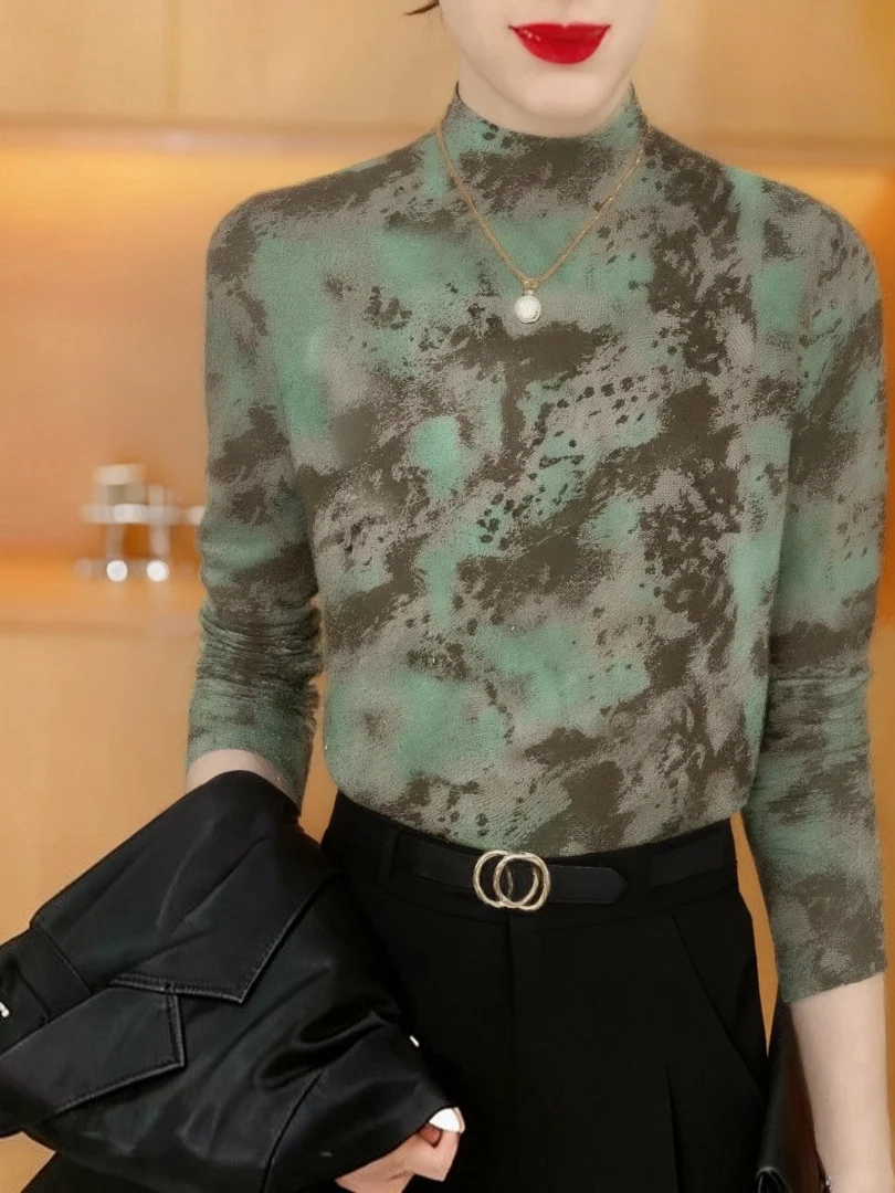 

Thickened Fleece Long Sleeve Printed Base Shirt Half High Collar Women's Fashionable Inner Wear Warm Top for Middle-Aged And ...