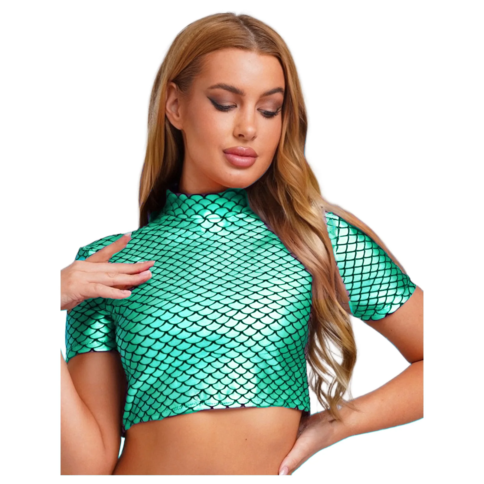 

Women Fashion Fish Scale Print Tops Metallic Short Sleeve Shiny T-shirt for Halloween Mermaid Cosplay Beachwear Daily Crop Tops