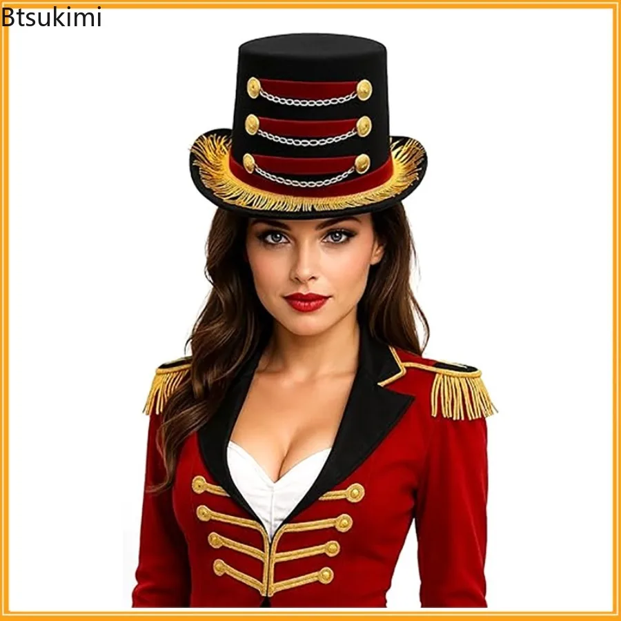 Halloween Cosplay Costumes Red Black Circus Magicians Top Hat with Gold Fringe Buttons and Chains Carnival Burlesque Accessories - view 4