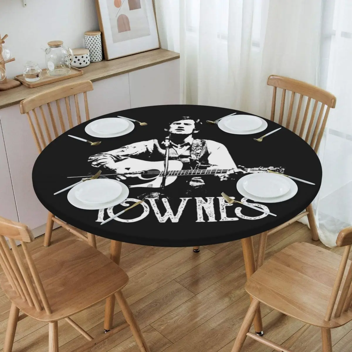 Townes Van Zandt - White Stencil Zipped Waterproof Round Tablecloth Oilproof Table Cloth for Kitchen Events Dining Table Cover