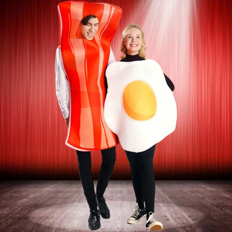 Disfraces de comida divertidos de Halloween para adultos, hombres y mujeres, parejas, huevos escalfados, tocino, disfraces de fiesta de parque de atracciones