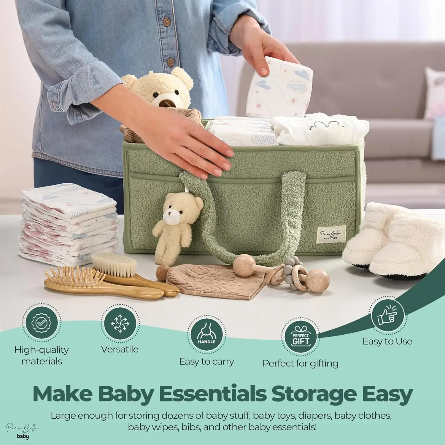 Baby Diaper Caddy Organizer with Handle Shower Gift Basket Portable Diaper Storage Basket Bin for Wipes, Newborn Baby Essentials