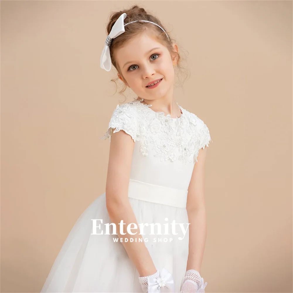 Ball-Gown Girls Dresses Beautiful Bridesmaid Kids Short Sleeve Satin Tulle Beading Scoop Neck Princess Boho Wedding Dresses