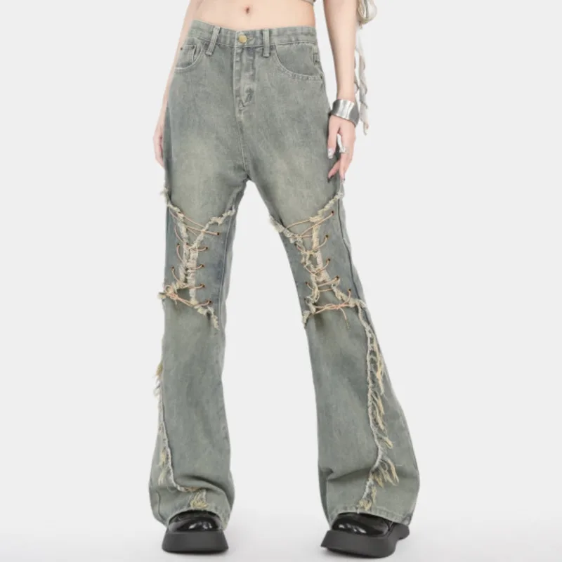 ANJY خريف جديد إمرأة الأمريكية الرجعية Bootcut الجينز شيك الدانتيل متابعة المتوترة حافة شارع العليا Y2K أنيق Ins عادية الدينيم السراويل A8891
