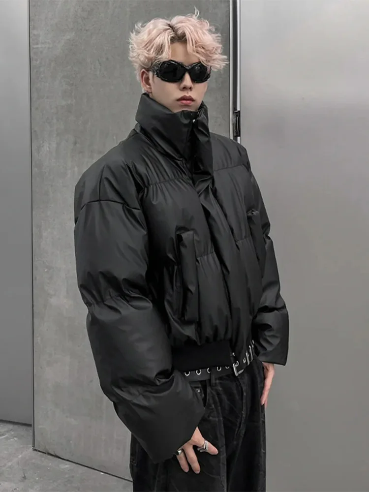 

ort PU Leather Cotton Jaet Men's Winter Thi Warm Stand Collar American High Street Bread Sle Casual Youth Faion