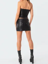 Women Summer 2Pcs Leather Fashion Outfits Off Shoulder Strapless Front Zipper Tube Top Slim Fit Mini Skirt Set