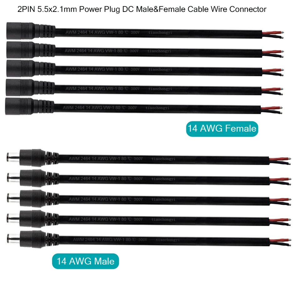 14AWG 2PIN 5.5x2.1mm Power Plug DC Male Female Cable Wire Connector Adapter Socket Jack For 3528 5050 LED Strip Light CCTV