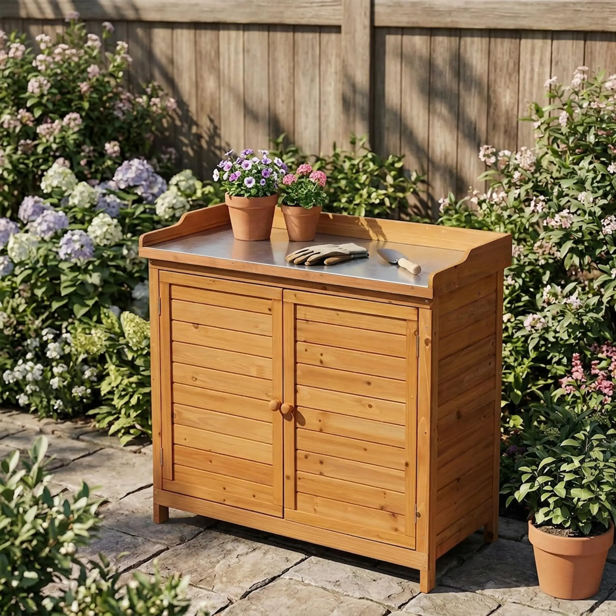 Outdoor Storage Cabinet with Work Bench, Garden Potting Table, Natural