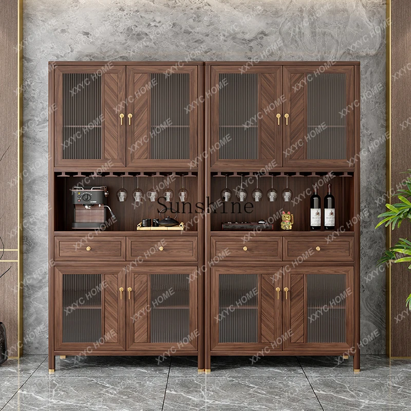 New Chinese-style solid wood dining side cabinet, household tea and wine cabinet against the wall, black walnut storage