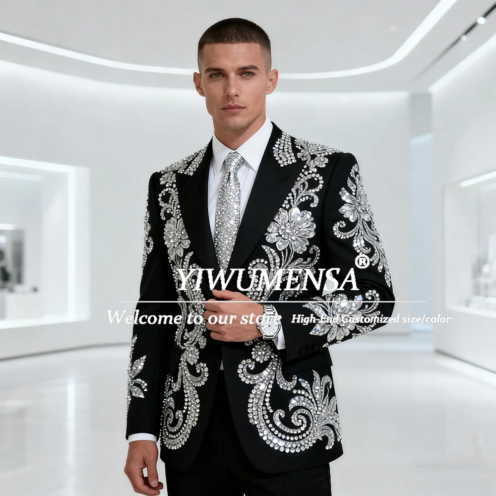 Glittering Rhinestones Beaded Wedding Suits For Men 2 Pieces Single Breasted Prom Blazers Customized Man Evening Banquet Tuxedos