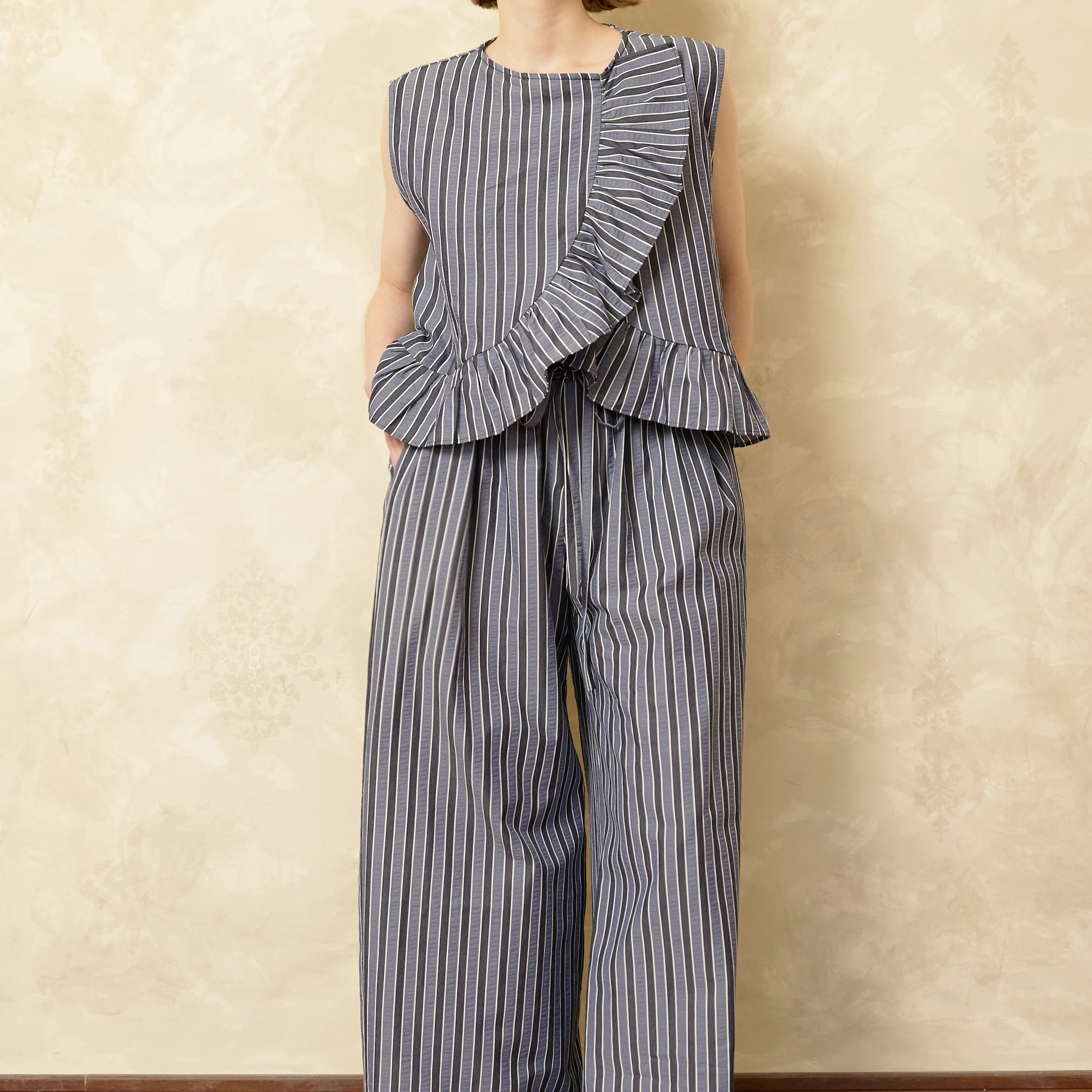 

Original Design Drawstring Pleated Long Pants Stripe Dark Blue Women's Casual Trousers Cotton Polyester Viscose Blend