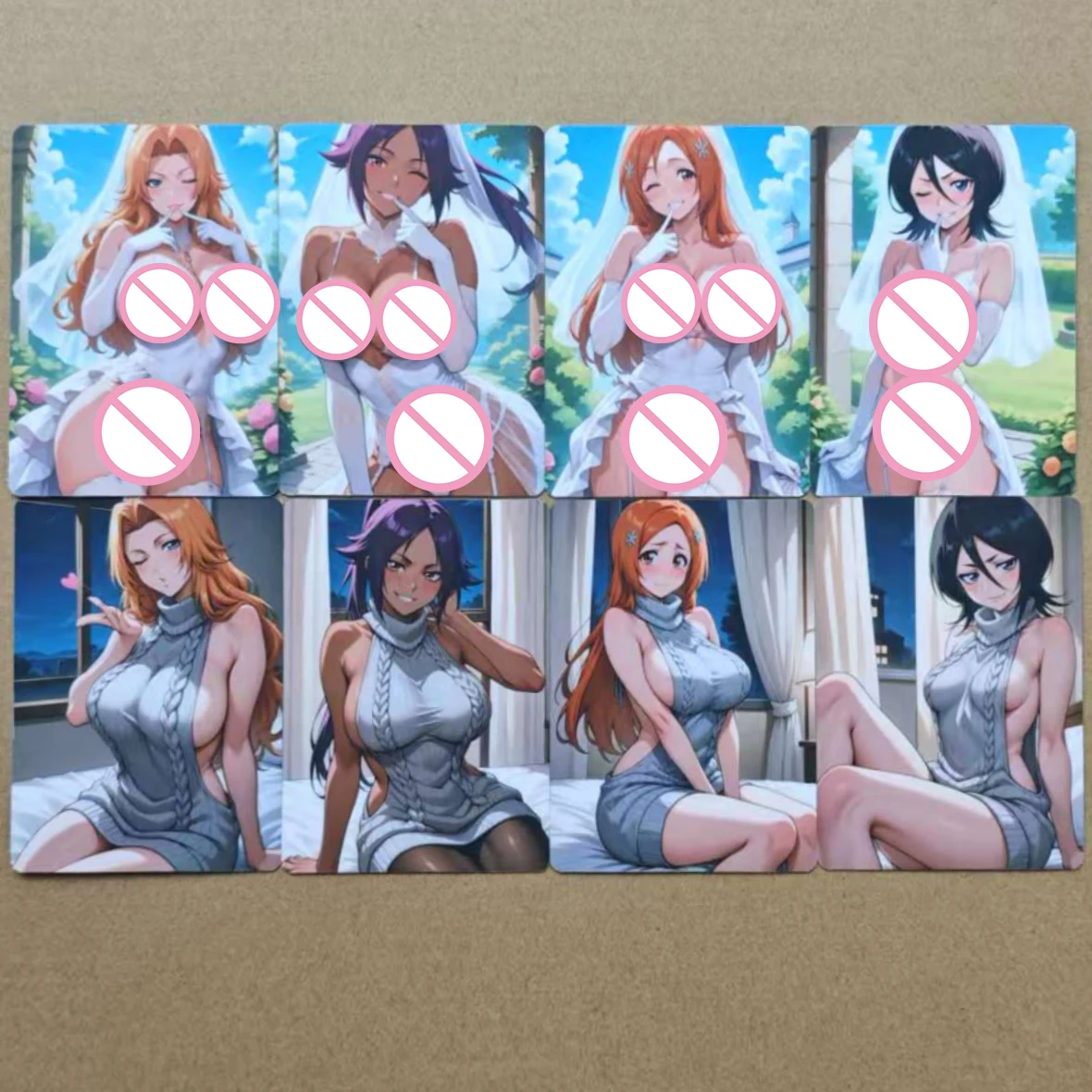

Double Side 8Pcs/set Sexy Card Kuchiki Rukia Shihouin Yoruichi Inoue Orihime Matsumoto Rangiku Beautiful Girl DIY Card 18+