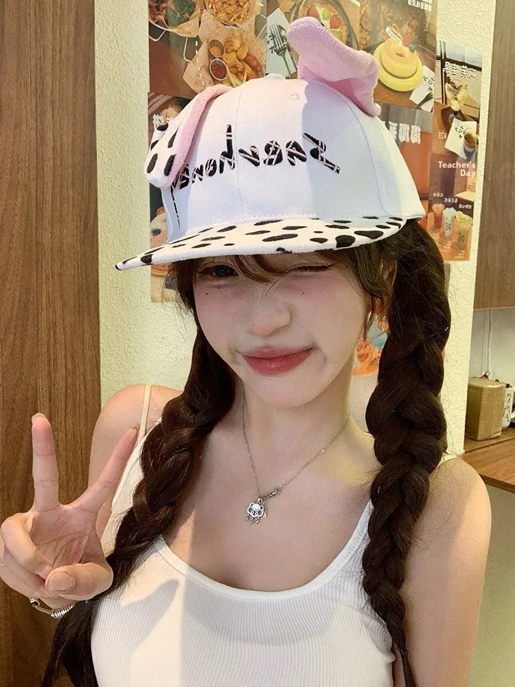 Cute Spot Dog Flat-Brim Baseball Cap Women's Y2K Subculture Sweet Cool Spicy Girl Duckbill Hat Face Slimming Streetwear