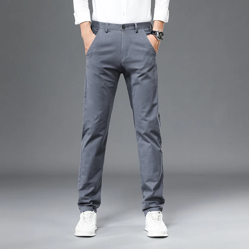 98% Cotton Casual Pants Men Solid Color Business Fashion Straight Slim Fit Chinos Gray 2023 Spring Autumn Trousers Male