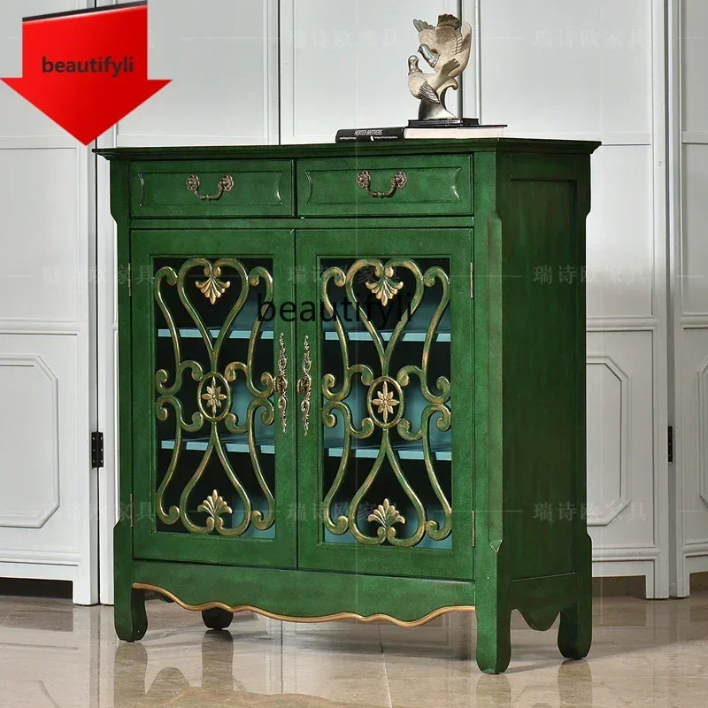 Q181 n American rural entrance cabinet solid wood retro green living room locker, dining side cabinet multi-layer entrance door