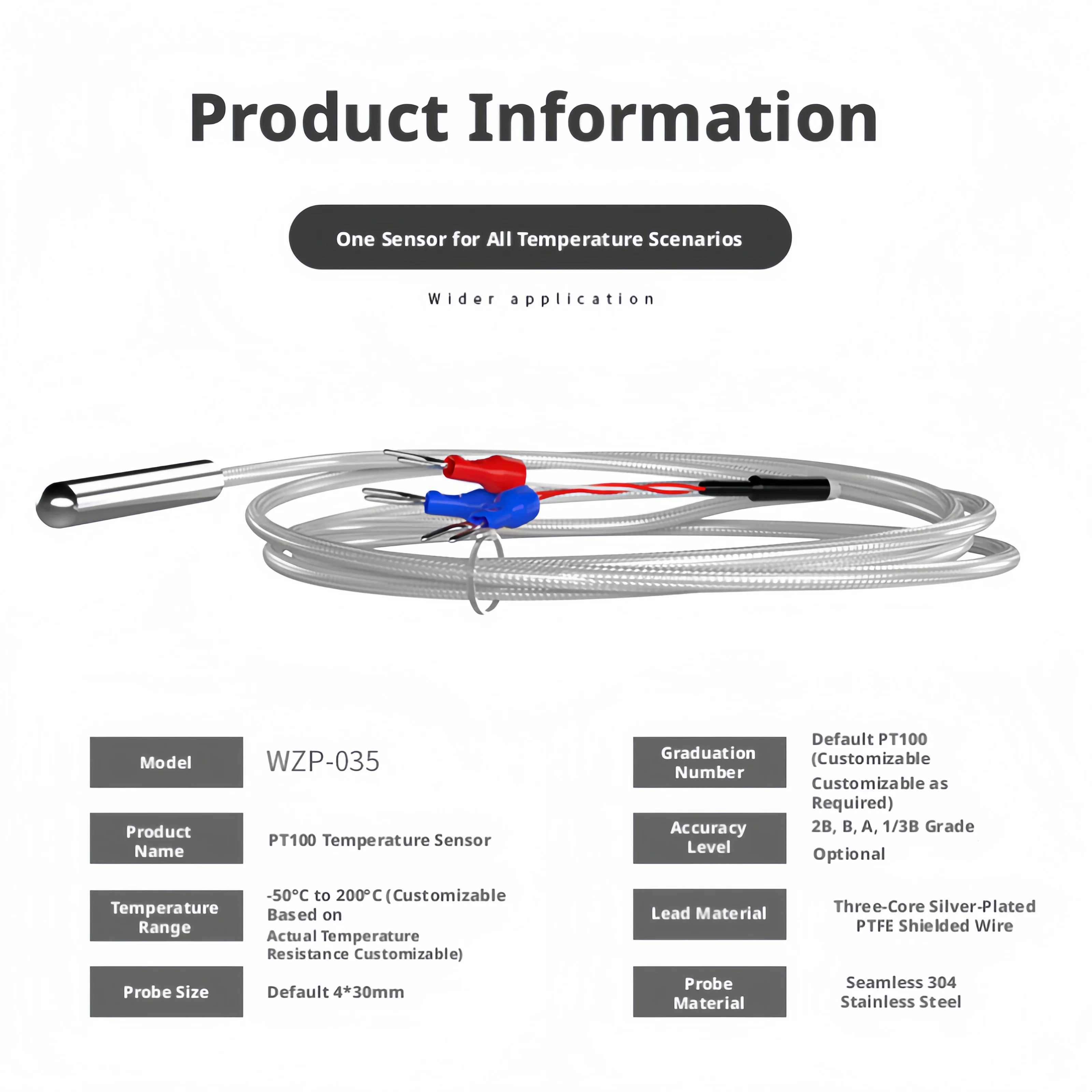 PT100 Sensor, 316L SS Probe, -50C~250C, Silver Shielded Cable, Fork Terminals, Custom Size for Liquid/Gas