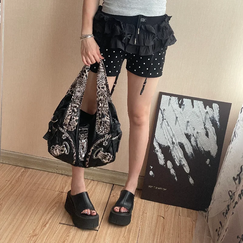Vintage Red Leopard Print Hobo Bag, Brown PU Leather Multi-Zipper Shoulder Handbag, Y2K Punk Tote for Women