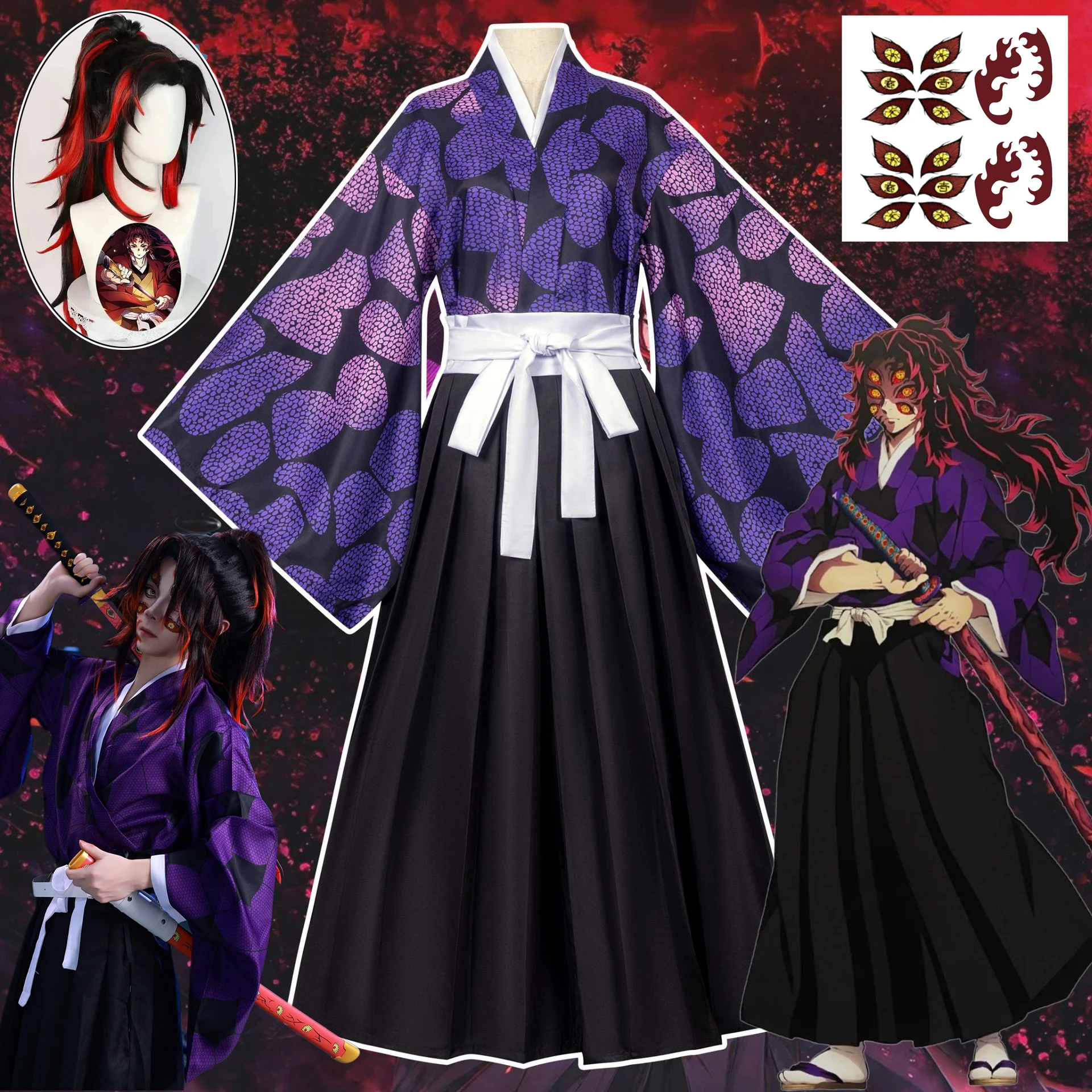 

Kokushibo Cosplay Costume Anime Kimetsu No Yaiba Cosplay Kokushibou Uniform Kokushibou Wig Halloween Party Costume for Men Cos