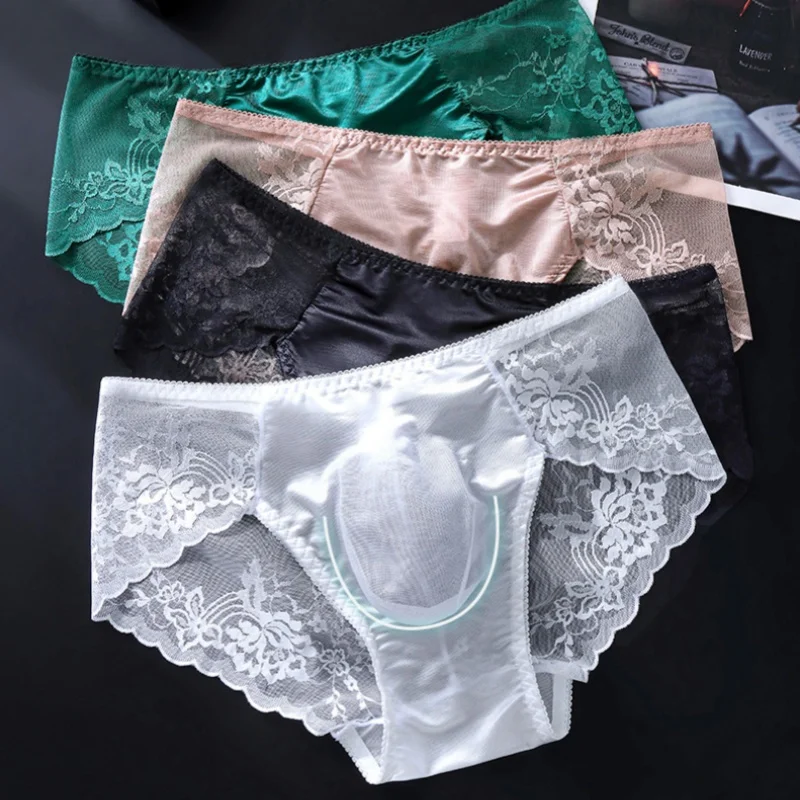 3Pcs Men French Lace Briefs 3D Pouch Underwear Breathable Thin Low‑Rise Sexy Men's Triangle Panties