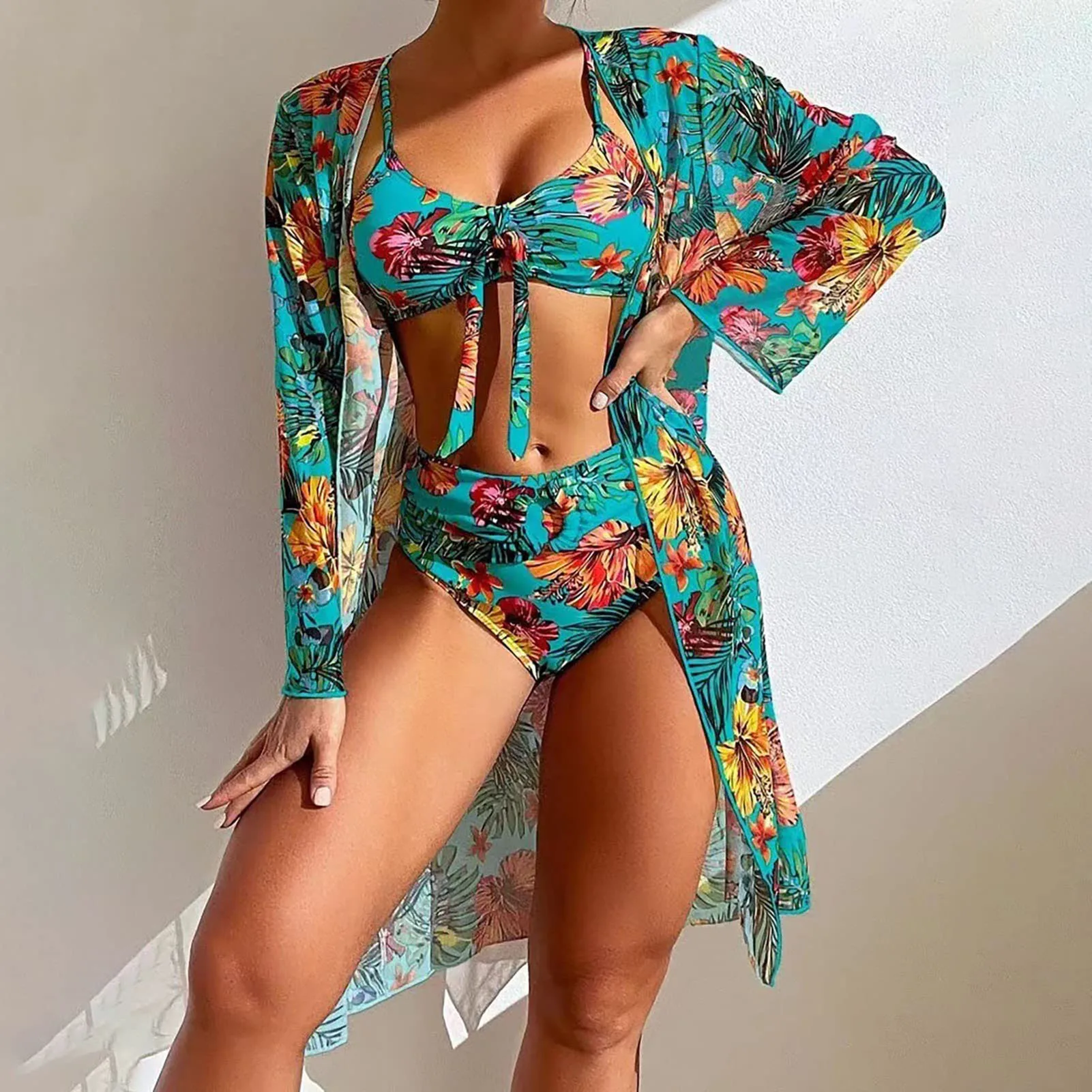 Bikini Bathing Suit with Cover Up Sexy Floral Printed Push Up Bikini Swimsuit for Beach Swimming Pool