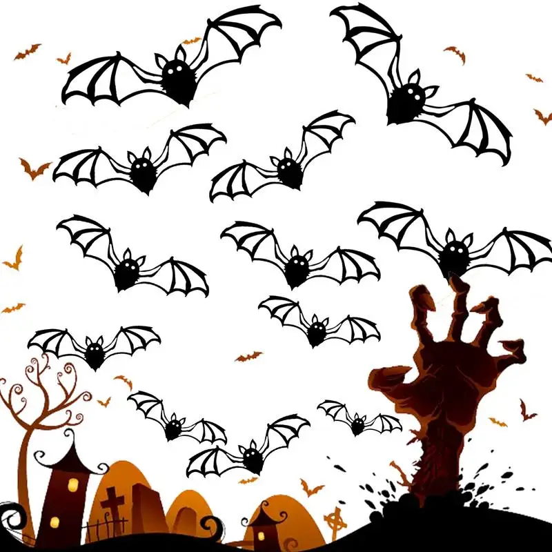 12pcs 3D Bat Decals Halloween Stickers 3D Bat Wall Stickers for home time saving easy peel PVC stickers Create Festive accessory