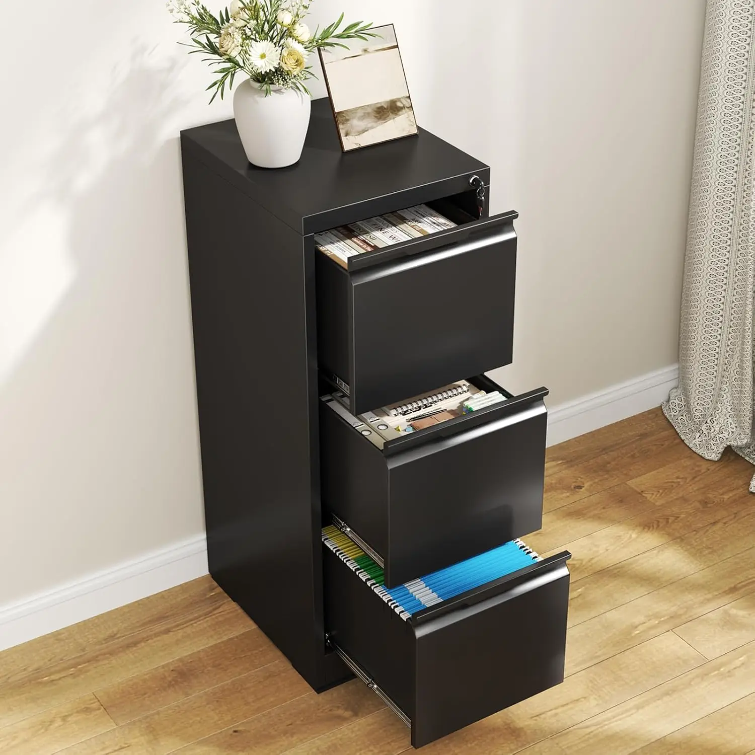 3 Drawer File Cabinet with Lock,Metal Vertical Filing Cabinets for Home Office,Heavy Duty File Storage Cabinet for Letter/Legal/