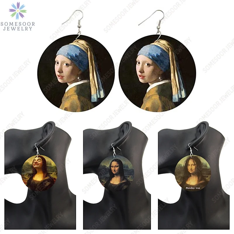SOMESOOR Vintage Mona Lisa chica pendientes colgantes de madera Da Vfor arte pintura geométrica bucles de madera cuelgan joyería para mujeres regalos