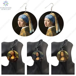 SOMESOOR Vintage Mona Lisa Girl Wooden Drop Earrings Da Vfor Art Painting Geometric Wood Loops Dangle Jewelry For Women Gifts